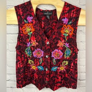 CAROLE LITTLE SPORT Vintage Black Red Embroidered Floral  Vest Button Front Sz S